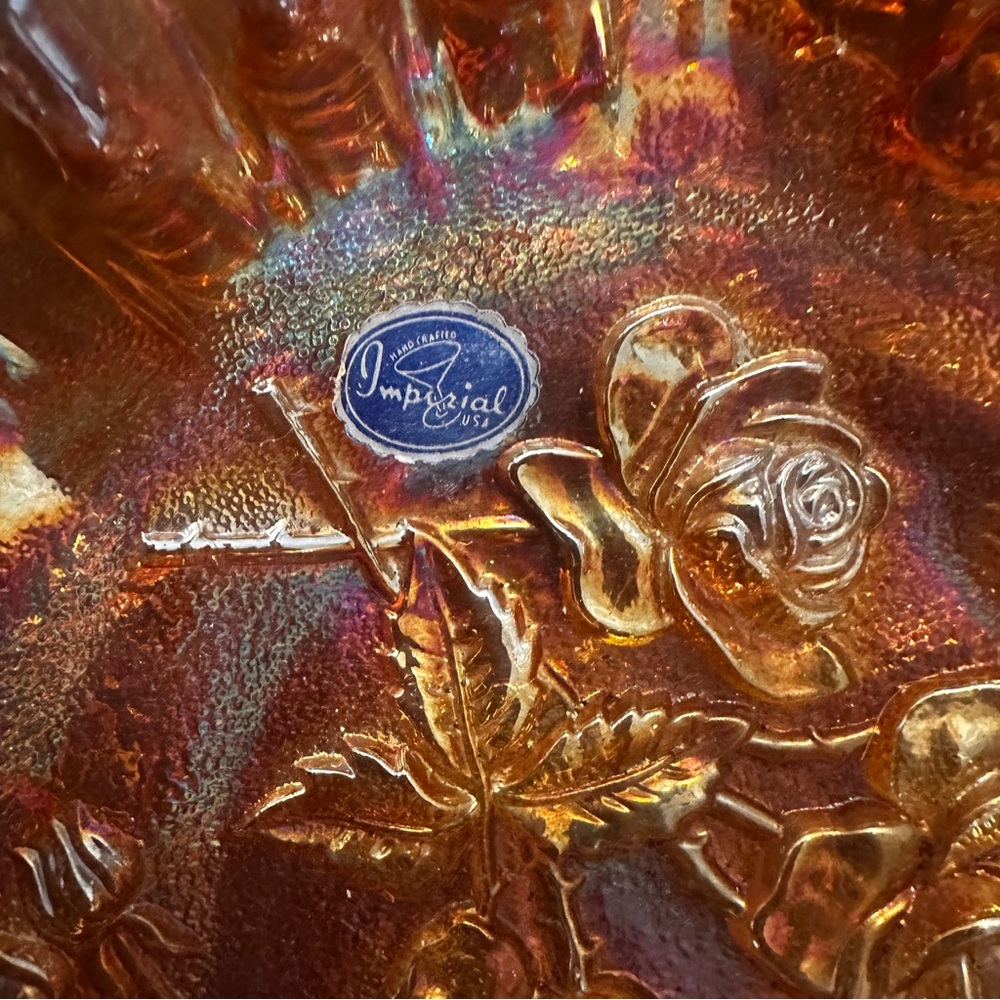 Imperial Glass Lustre Rose Iridescent Marigold Carnival Footed Bowl 8" Signed - Picture 2 of 4